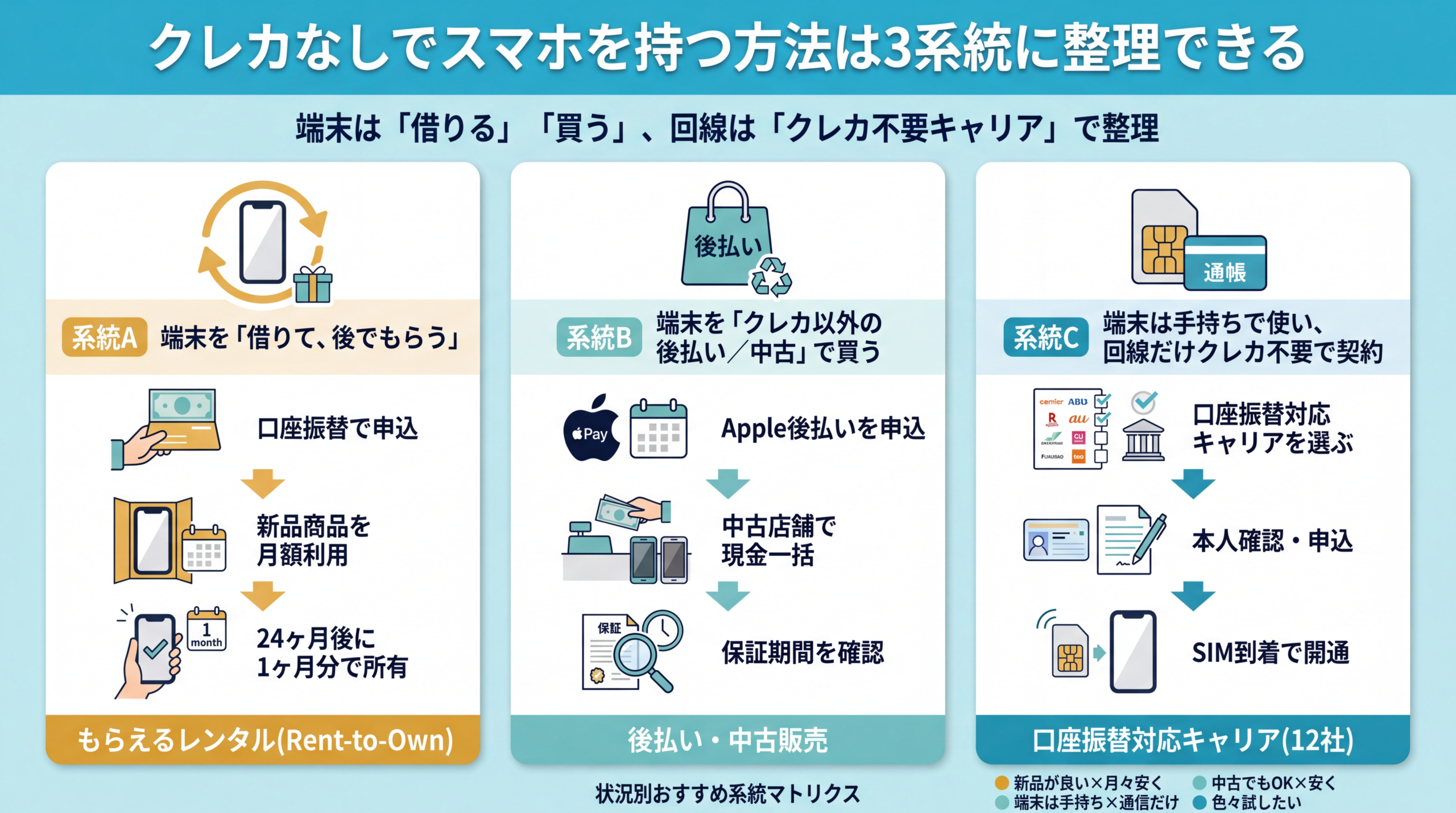 もらえるレンタル・後払い／中古・口座振替キャリアの3系統マップ